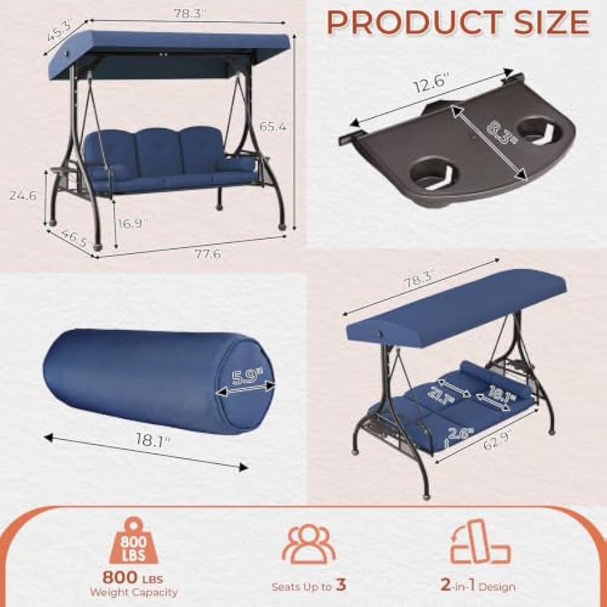 Navy Blue 3‑Seat Convertible Patio Swing Bed