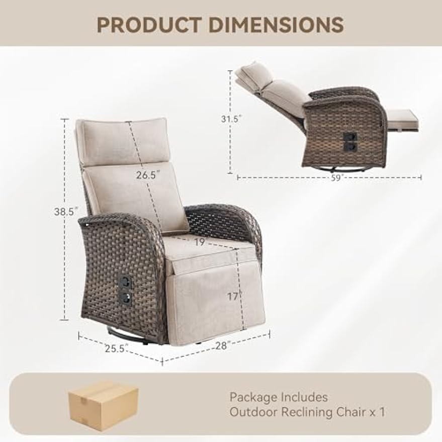 Beige Wicker Zero‑Gravity Swivel Recliner