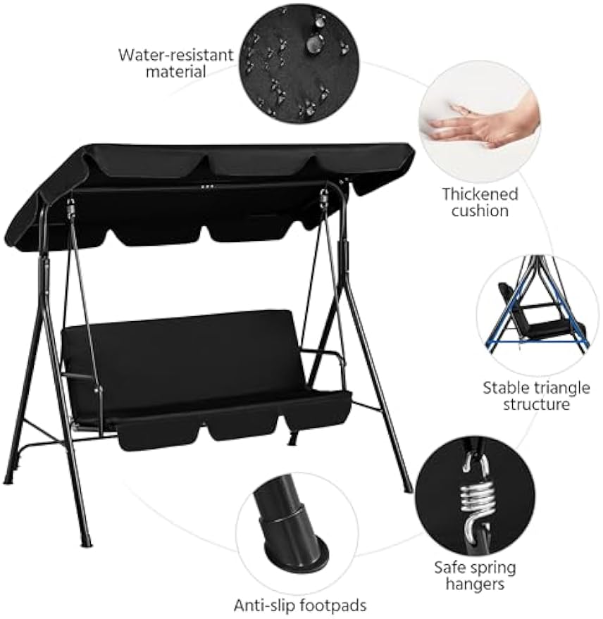 Black 3‑Seat Patio Swing Chair