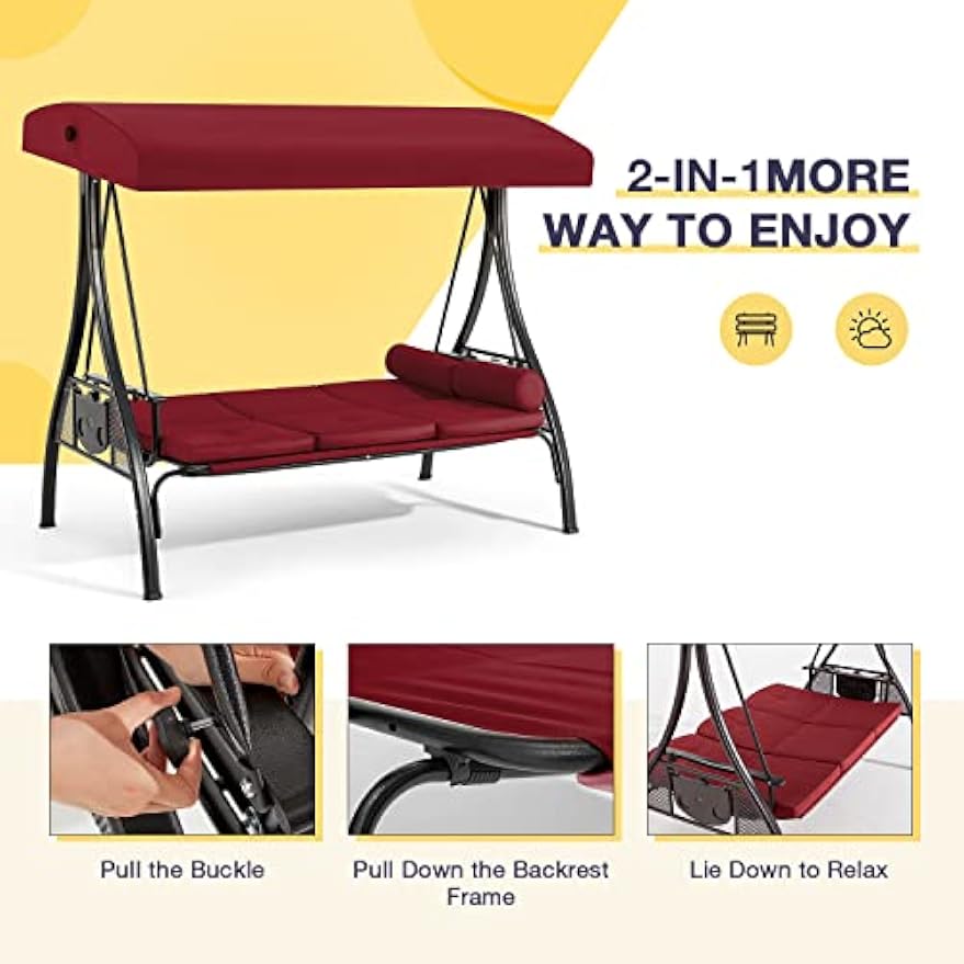 Wine Red 3‑Person Patio Swing Bed