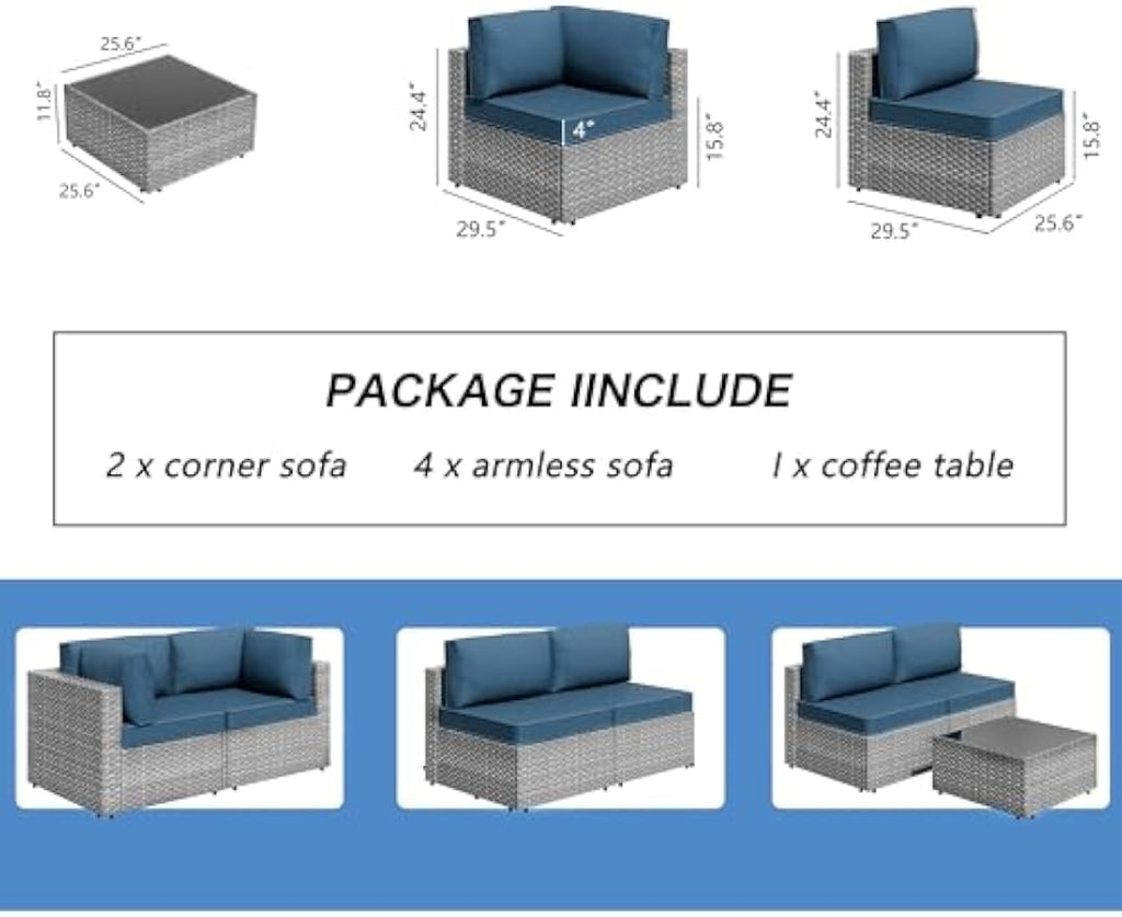 Blue 7‑Piece PE Wicker Patio Set