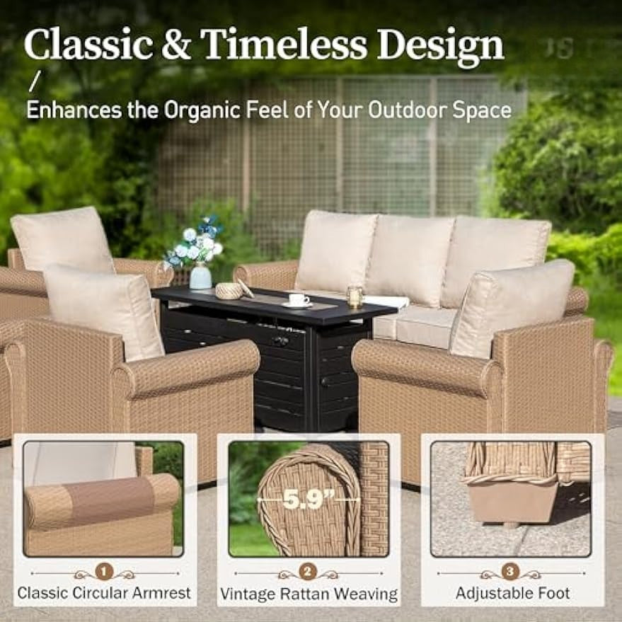 Beige 6‑Piece Wicker Patio Set
