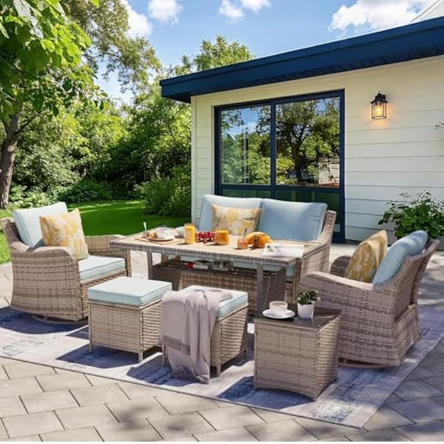 Blue 7‑Piece Wicker Patio Conversation Set