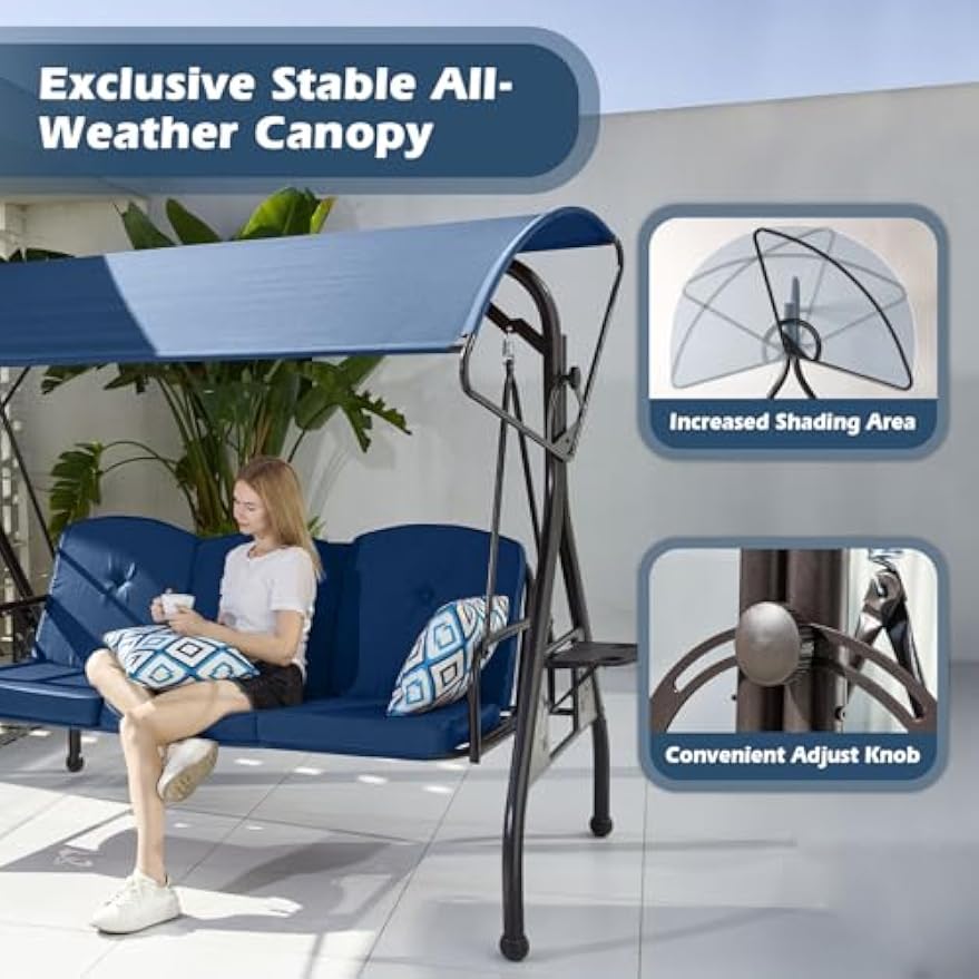 Blue 3‑Seat Patio Swing Bed