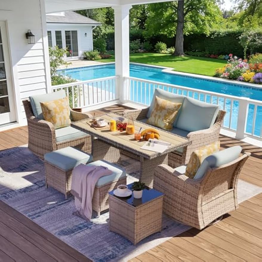 Blue 7‑Piece Wicker Patio Conversation Set