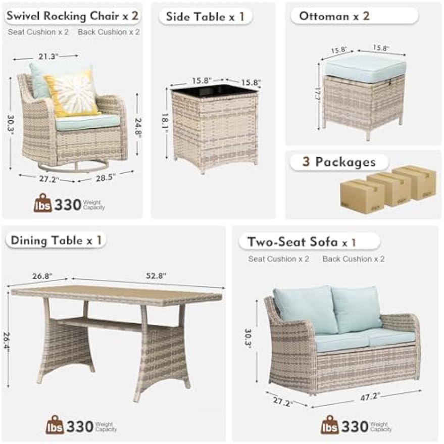 Blue 7‑Piece Wicker Patio Conversation Set