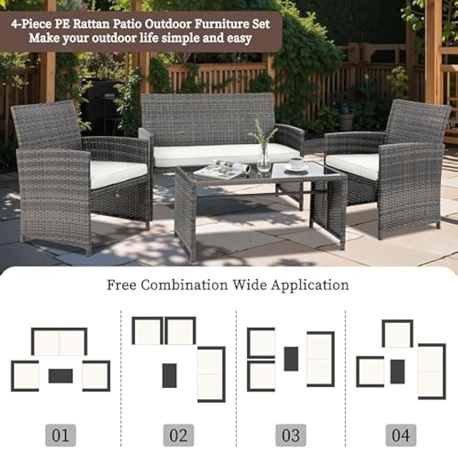 Beige 4‑Piece Wicker Patio Set