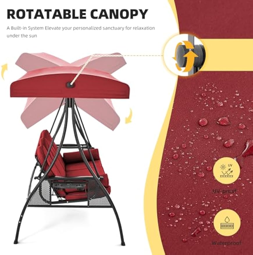 Wine Red 3‑Person Patio Swing Bed