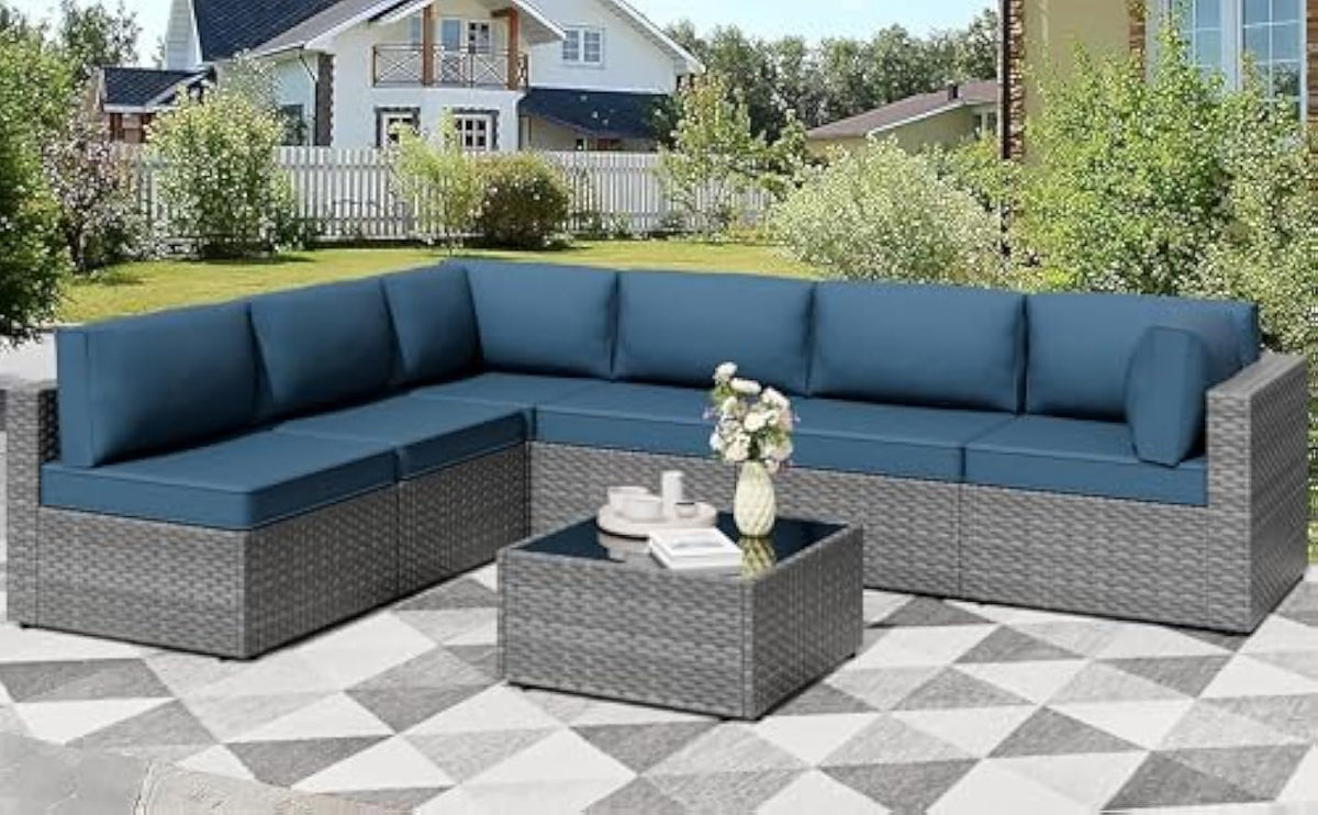 Blue 7‑Piece PE Wicker Patio Set
