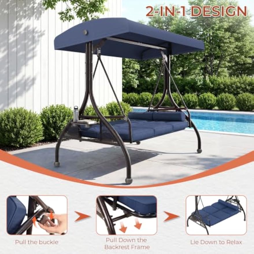 Navy Blue 3‑Seat Convertible Patio Swing Bed