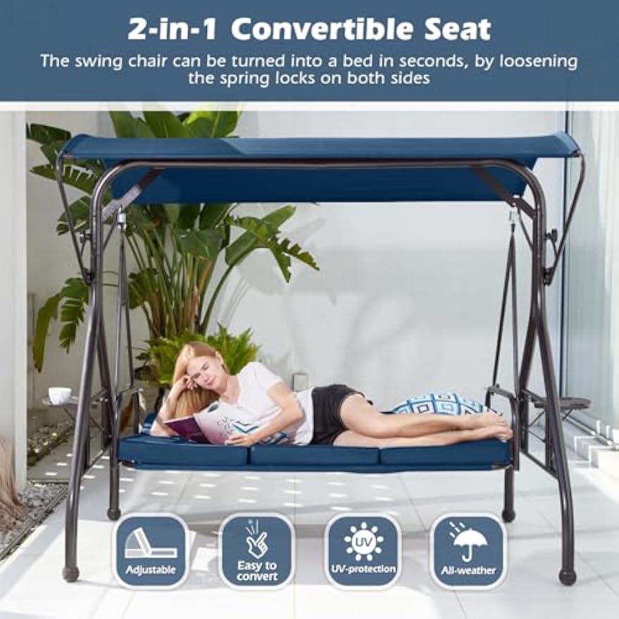 Blue 3‑Seat Patio Swing Bed