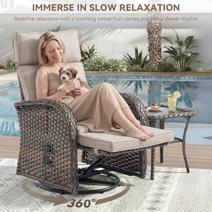 Beige Wicker Zero‑Gravity Swivel Recliner
