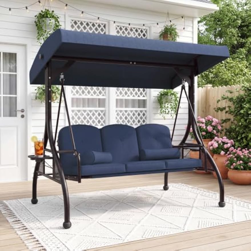 Navy Blue 3‑Seat Convertible Patio Swing Bed