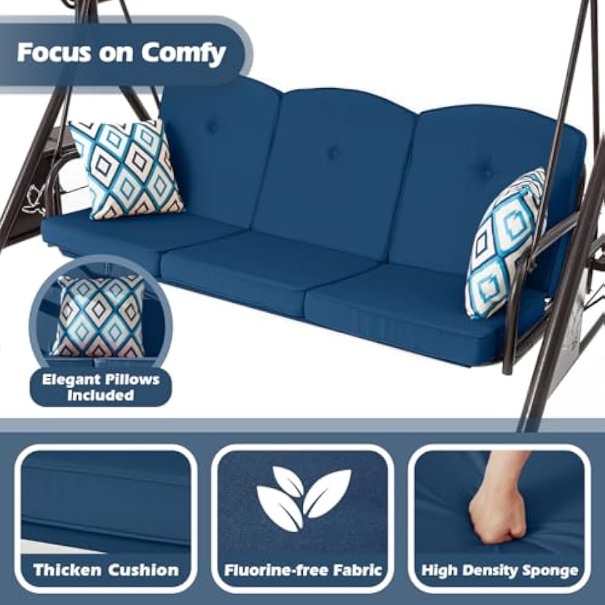 Blue 3‑Seat Patio Swing Bed