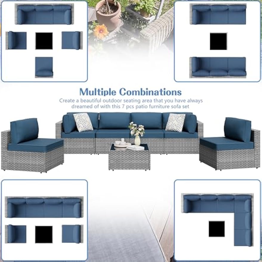 Blue 7‑Piece PE Wicker Patio Set