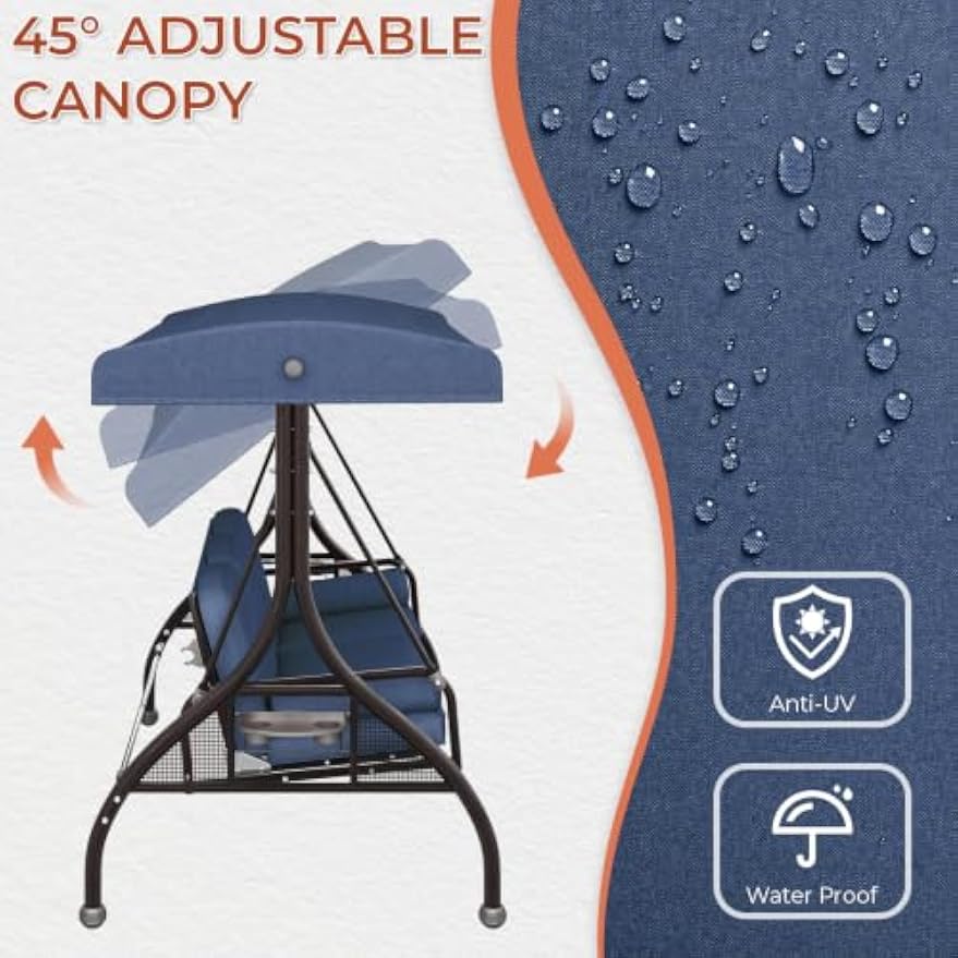 Navy Blue 3‑Seat Convertible Patio Swing Bed