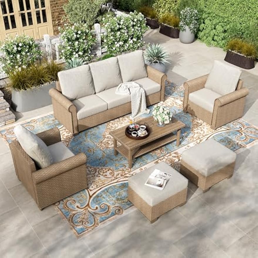 Beige 6‑Piece Wicker Patio Set