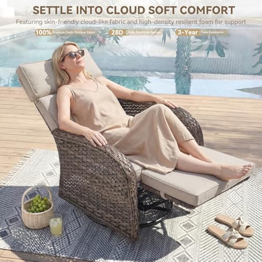 Beige Wicker Zero‑Gravity Swivel Recliner