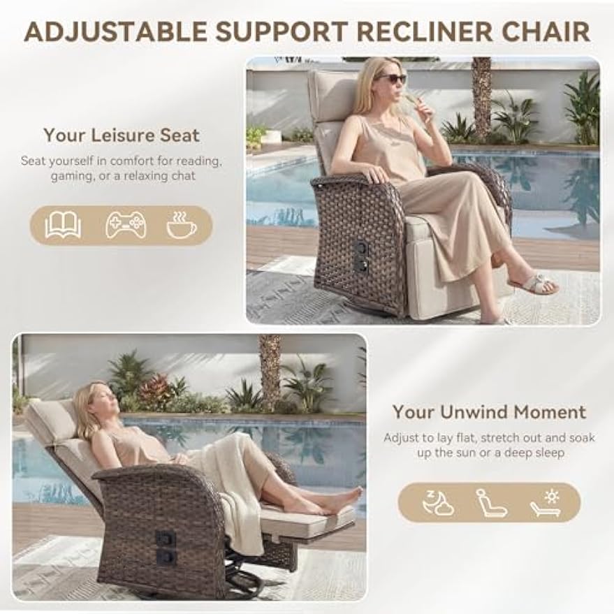 Beige Wicker Zero‑Gravity Swivel Recliner
