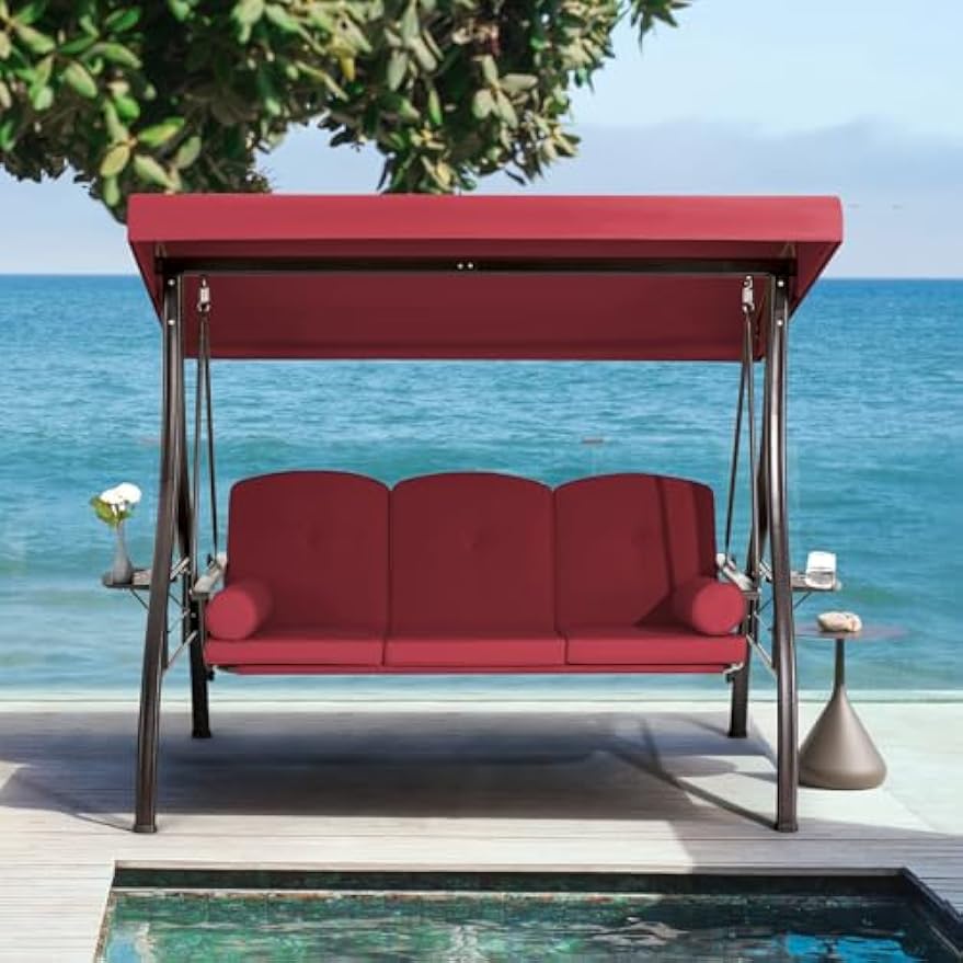 Wine Red 3‑Person Patio Swing Bed