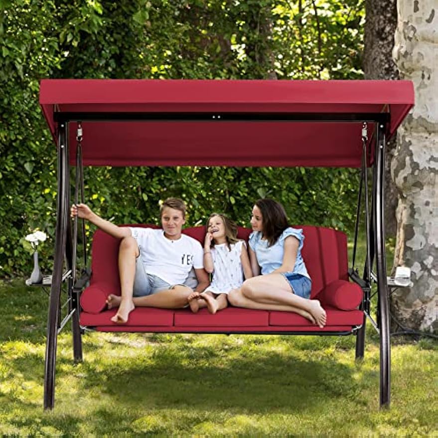 Wine Red 3‑Person Patio Swing Bed