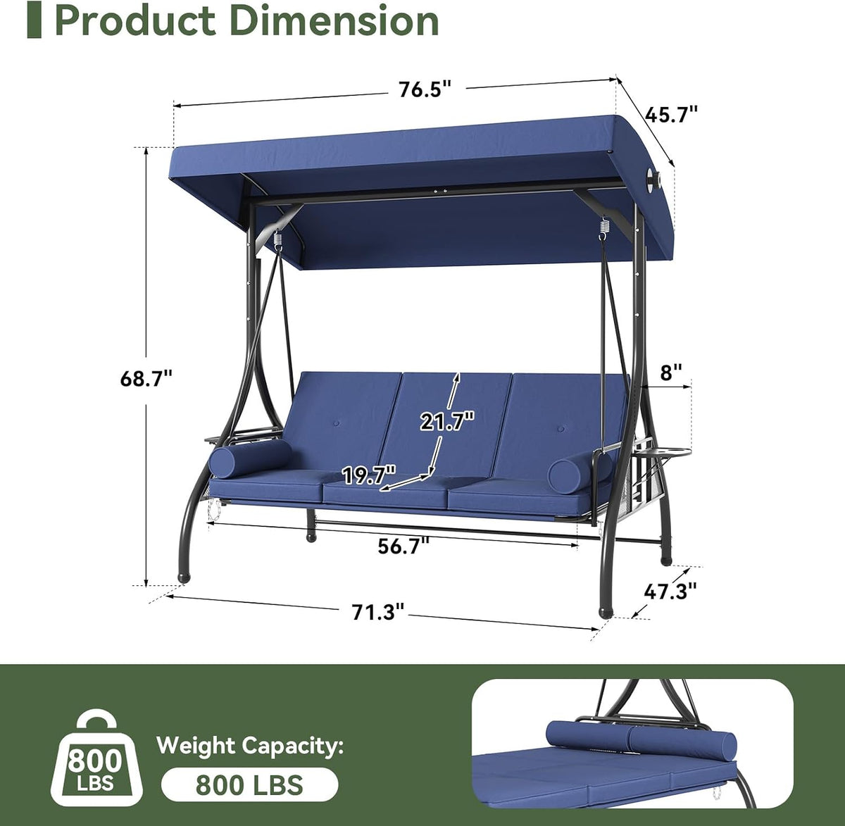 Blue 3‑Seat Convertible Patio Swing Bed