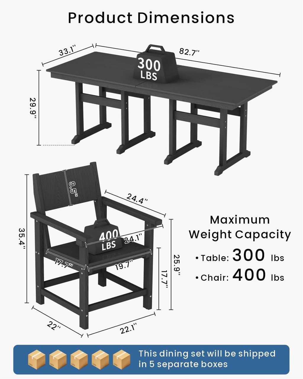 Black 9‑Piece HDPE Dining Set for 8