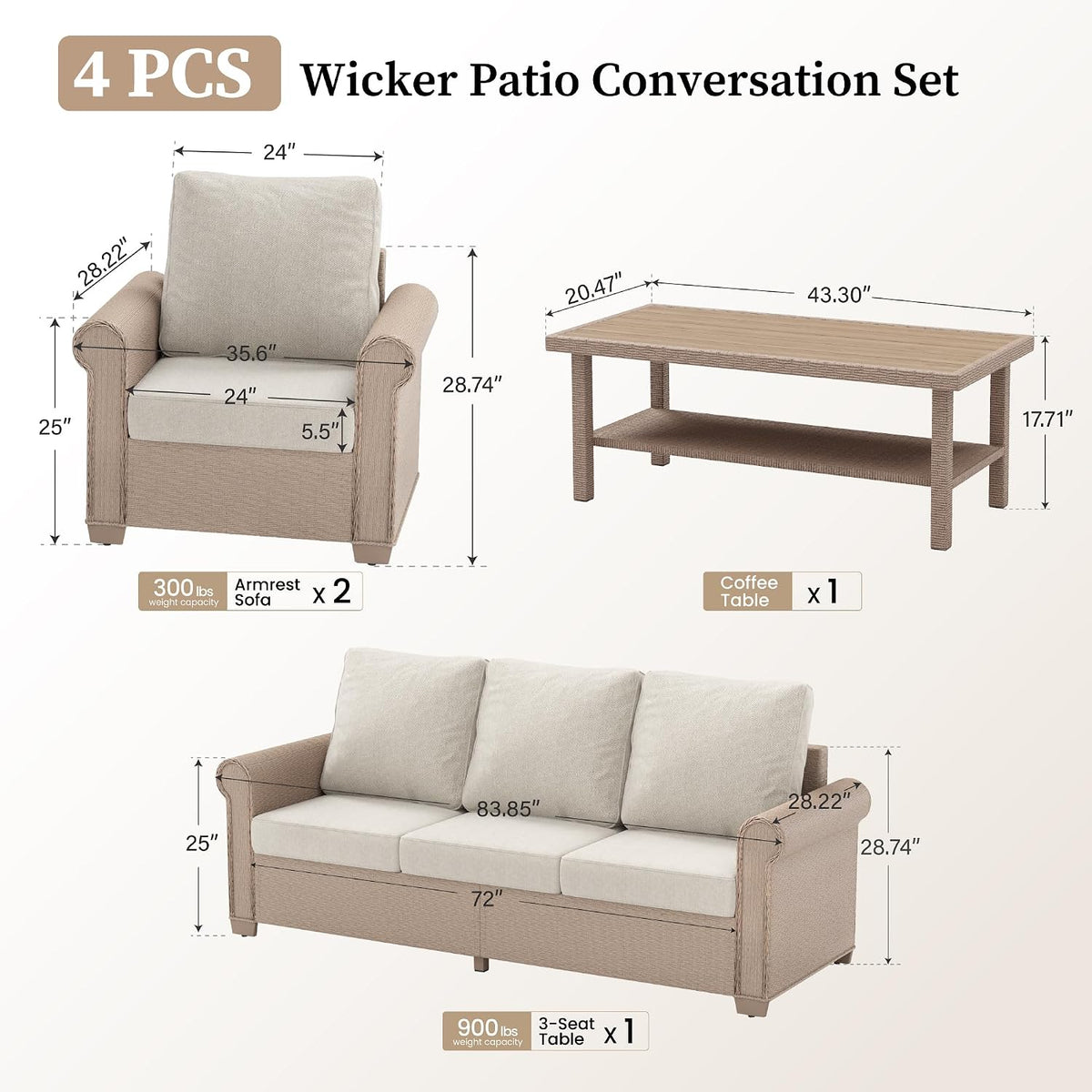 Beige 4‑Piece Wicker Patio Set