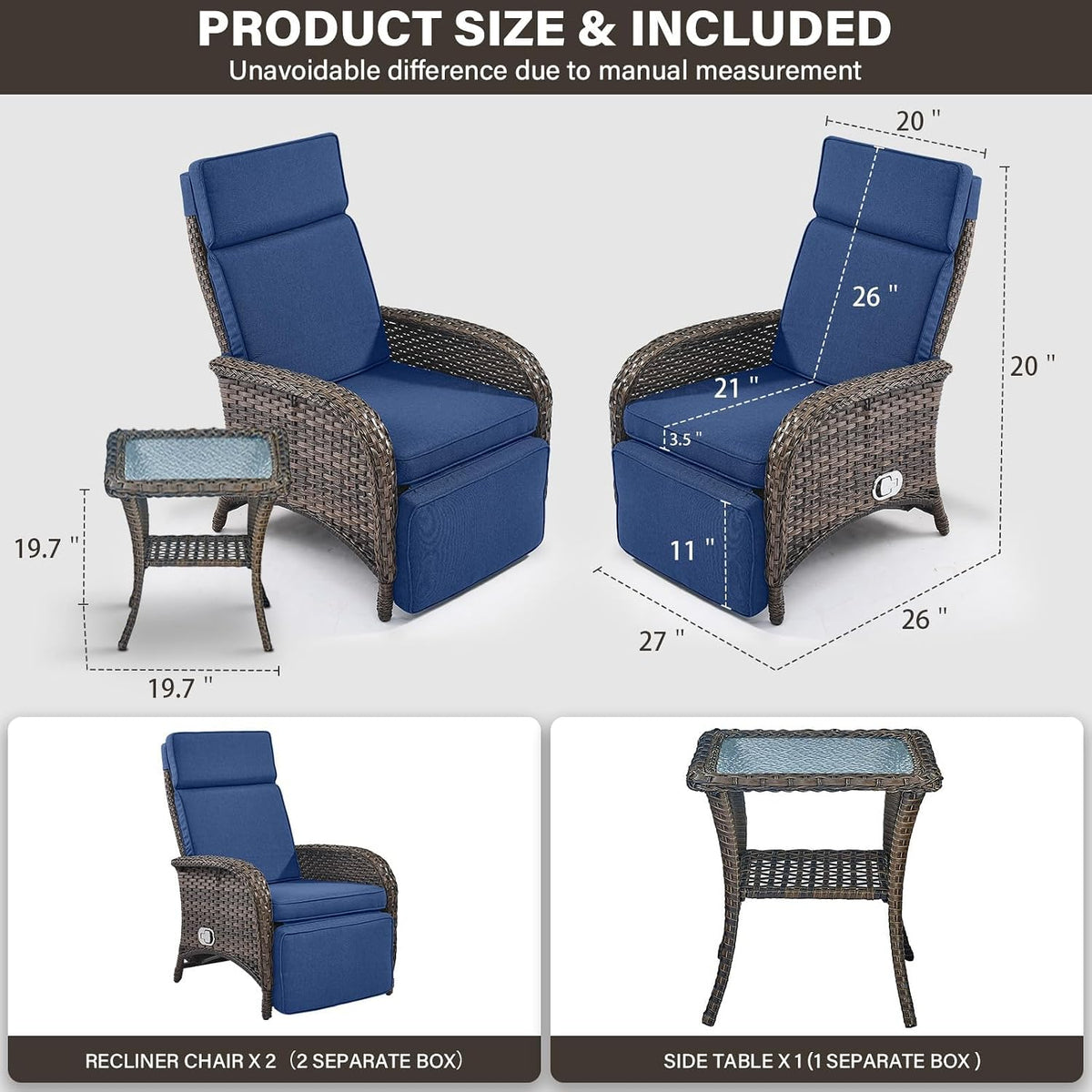 3‑Pack Brown Wicker Patio Recliner Set