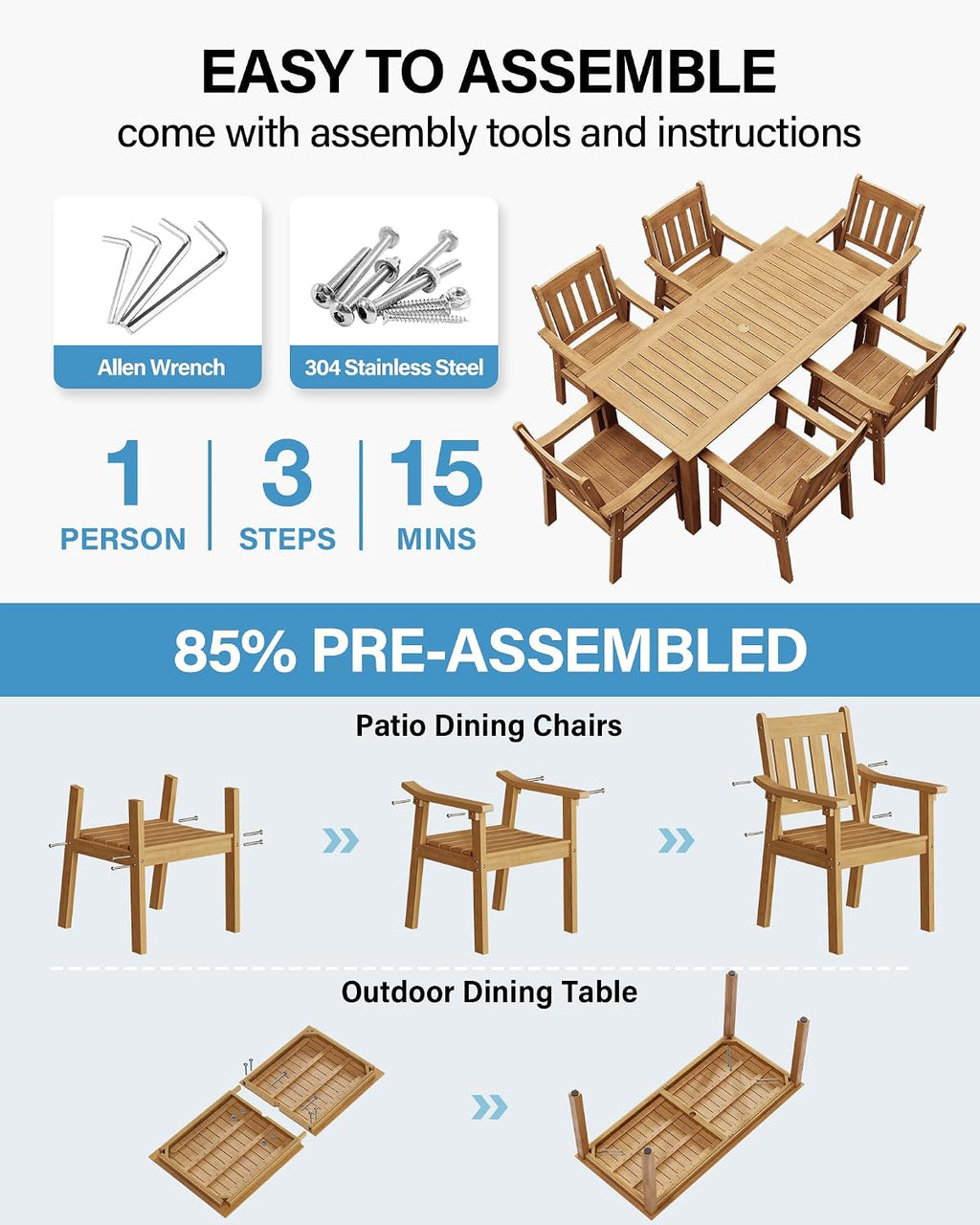Teak 7‑Piece HIPS Patio Dining Set for 6