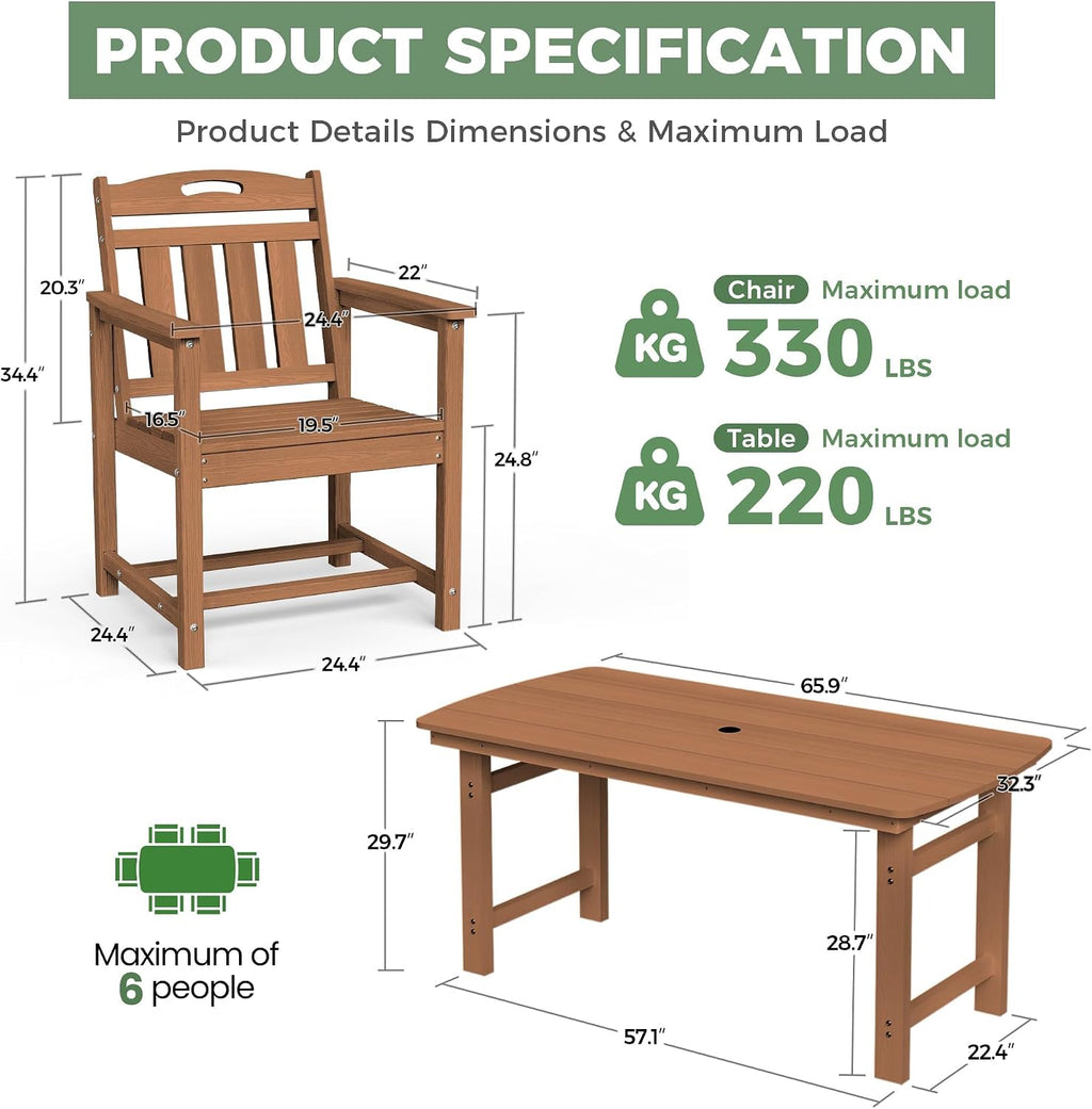 Teak 7‑Piece HDPE Patio Dining Set
