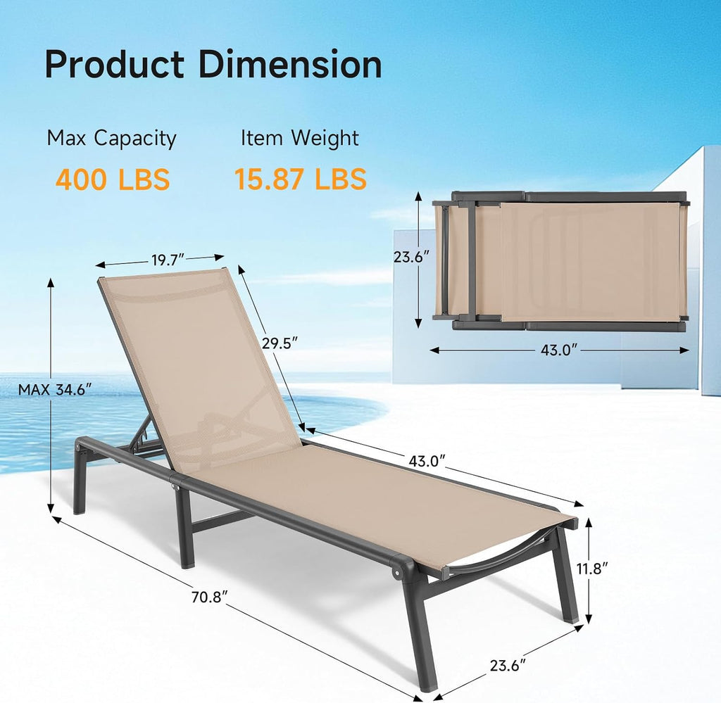 Khaki Aluminum Foldable Patio Chaise Lounge