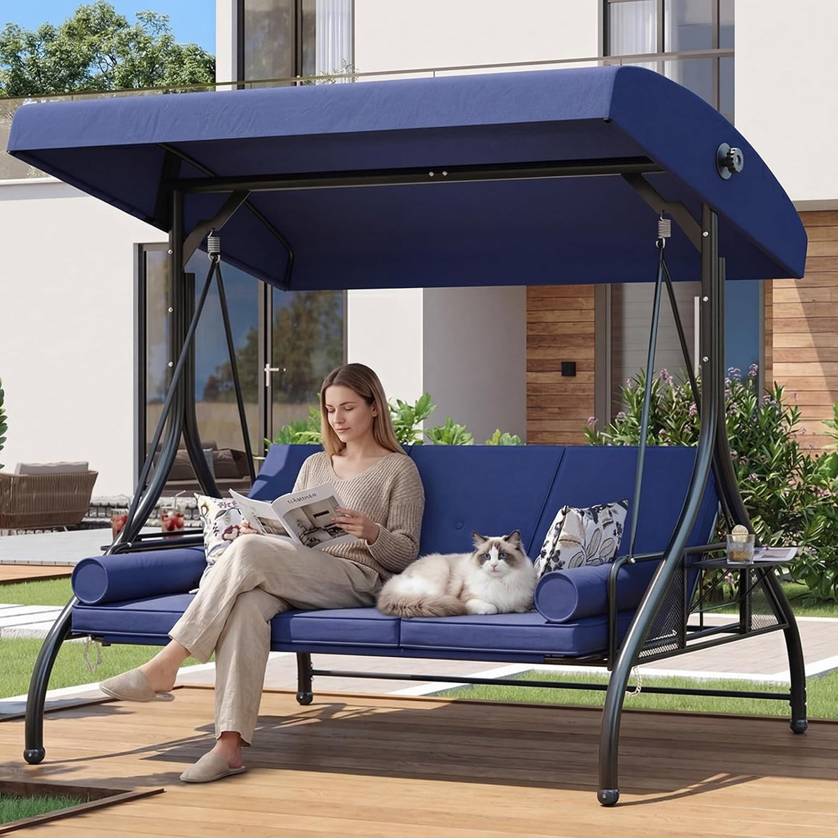 Blue 3‑Seat Convertible Patio Swing Bed