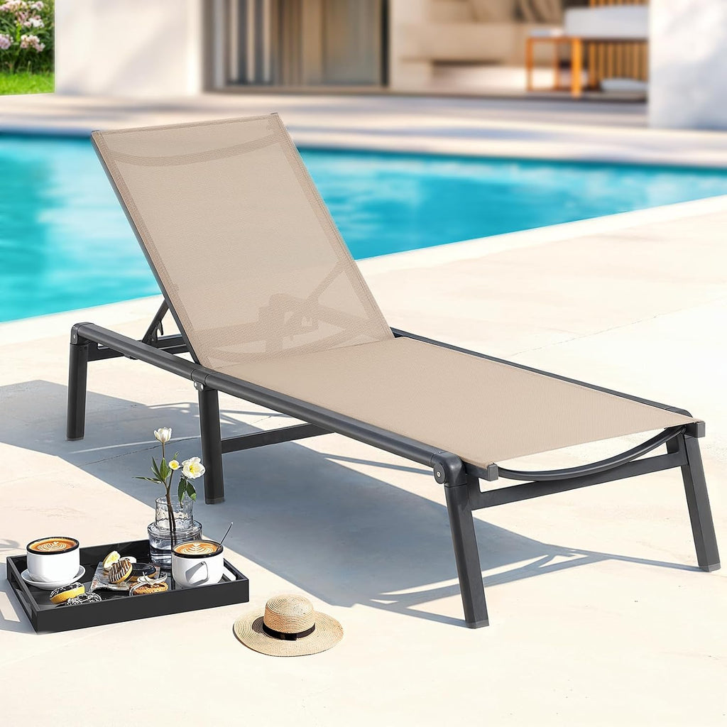 Khaki Aluminum Foldable Patio Chaise Lounge