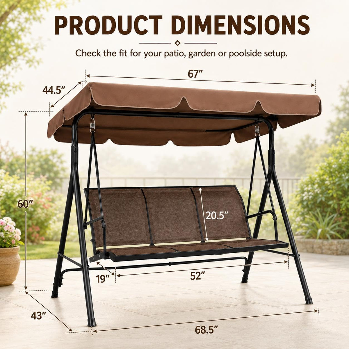 Dark Brown 3‑Seat Patio Swing Chair