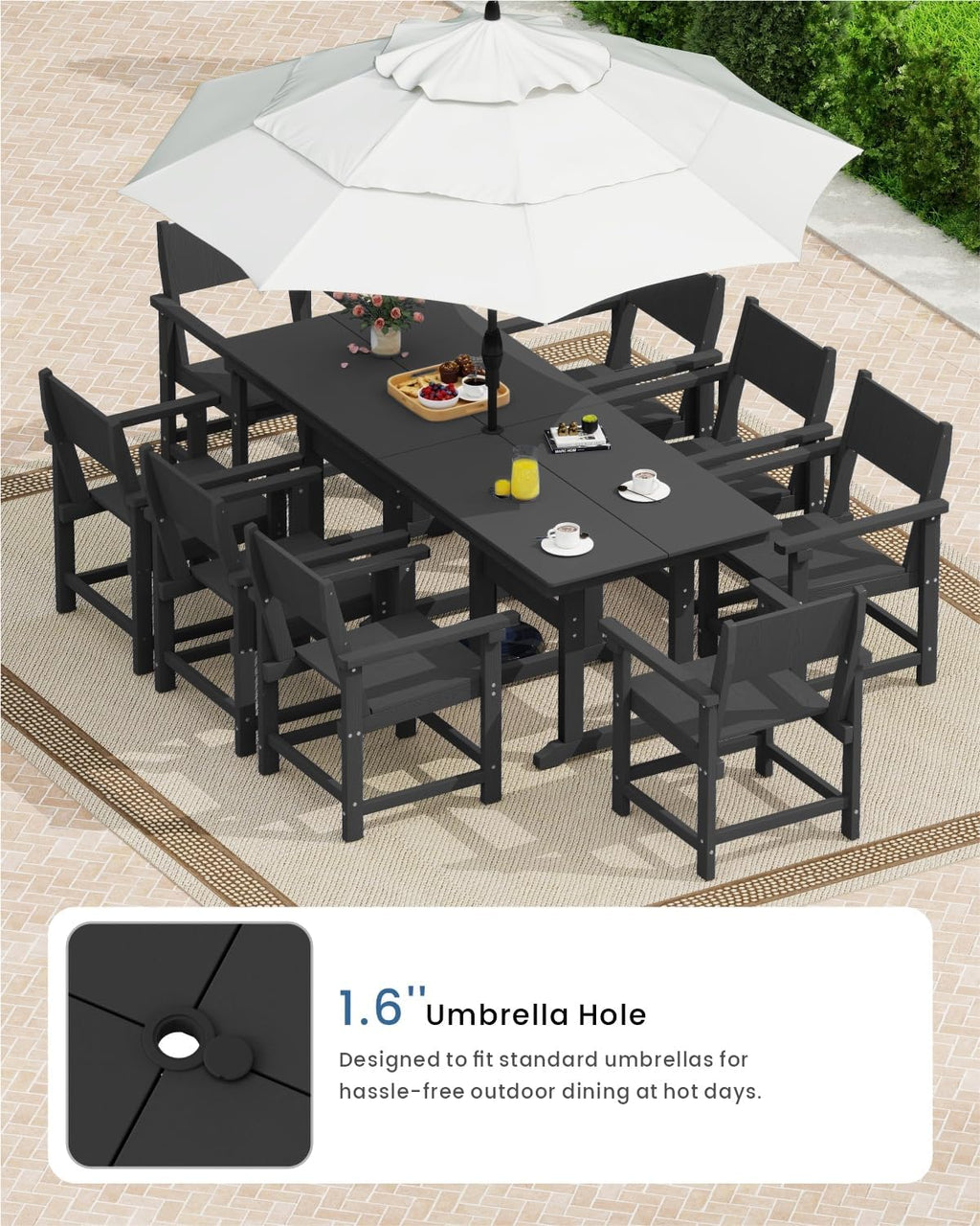 Black 9‑Piece HDPE Dining Set for 8