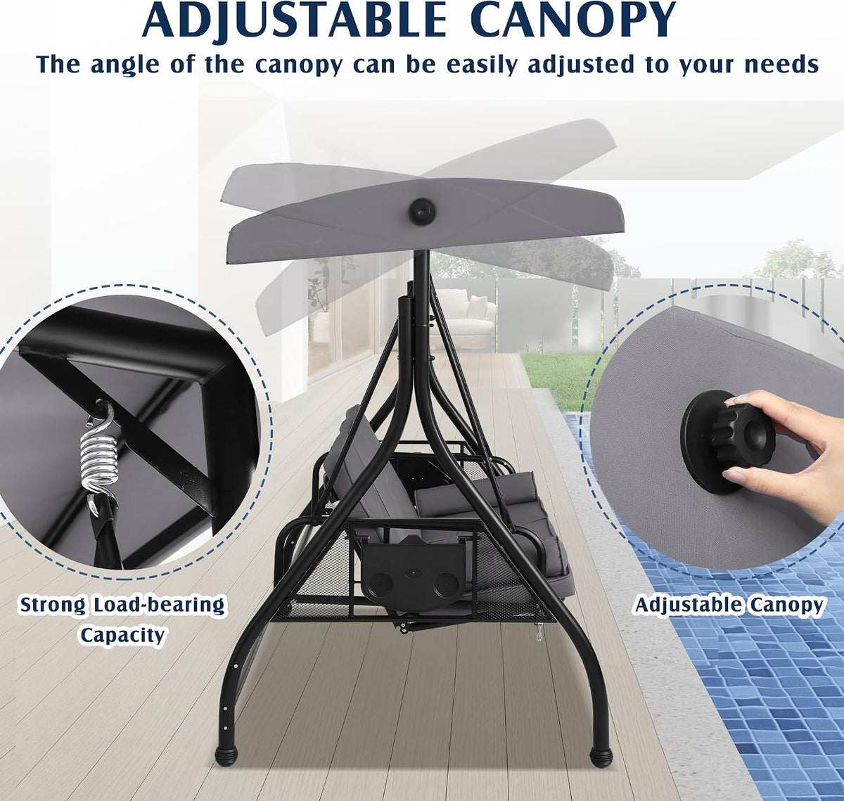 Grey 3‑Person Convertible Patio Swing Bed