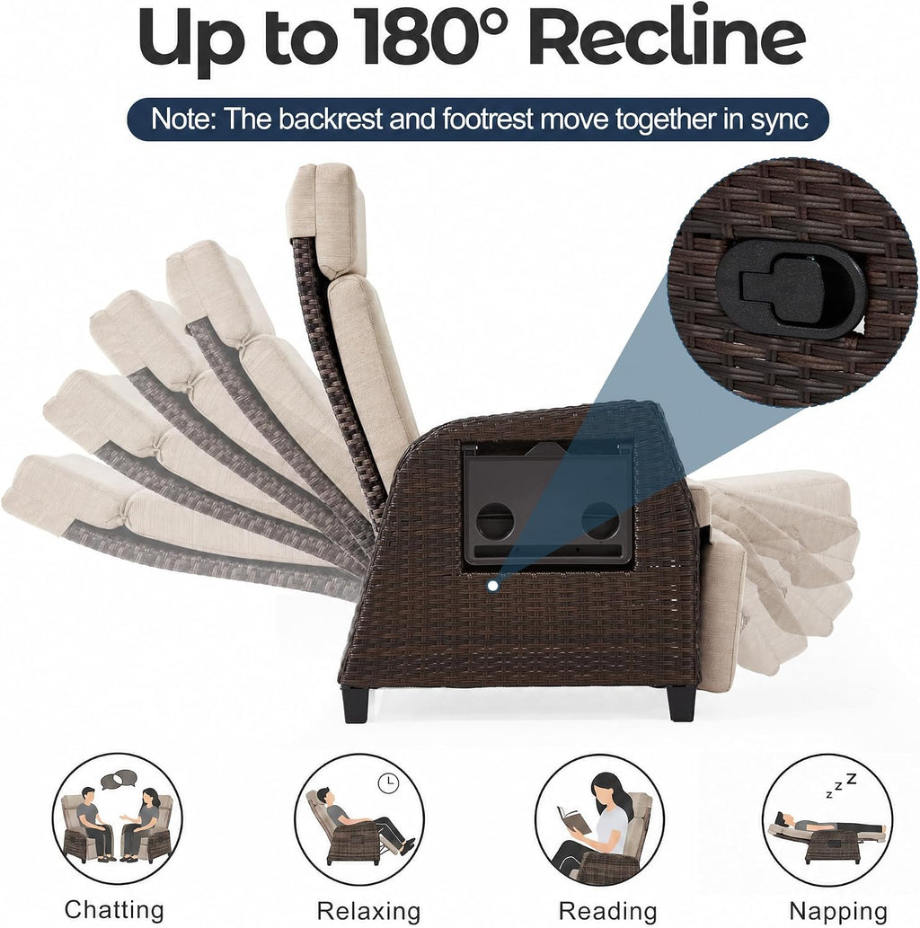 Beige Wicker Patio Recliner Chair