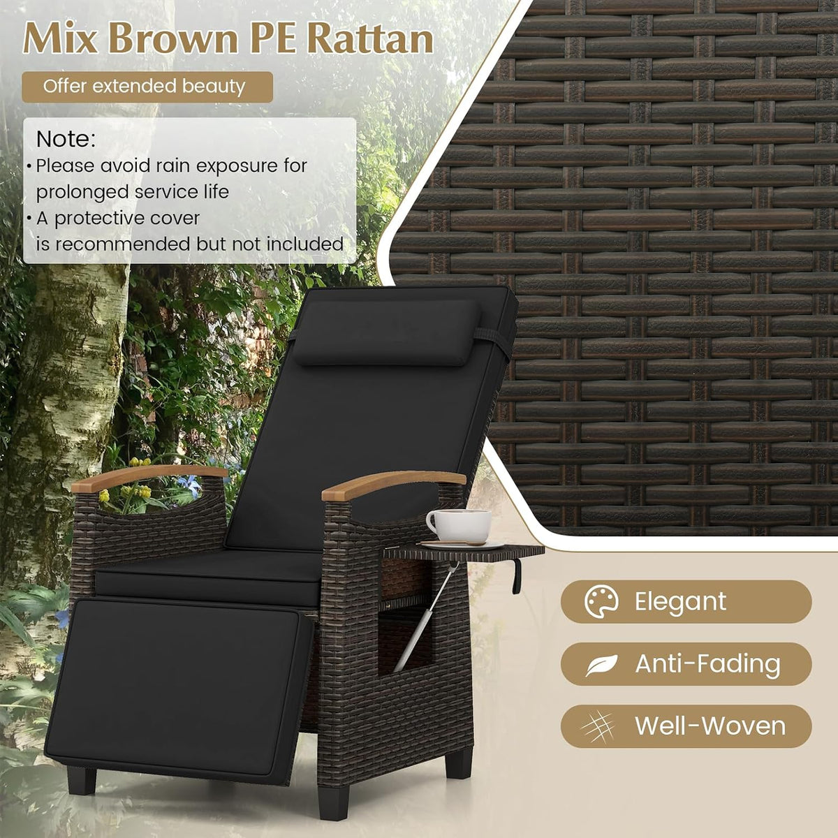 Black Wicker Patio Recliner Chair