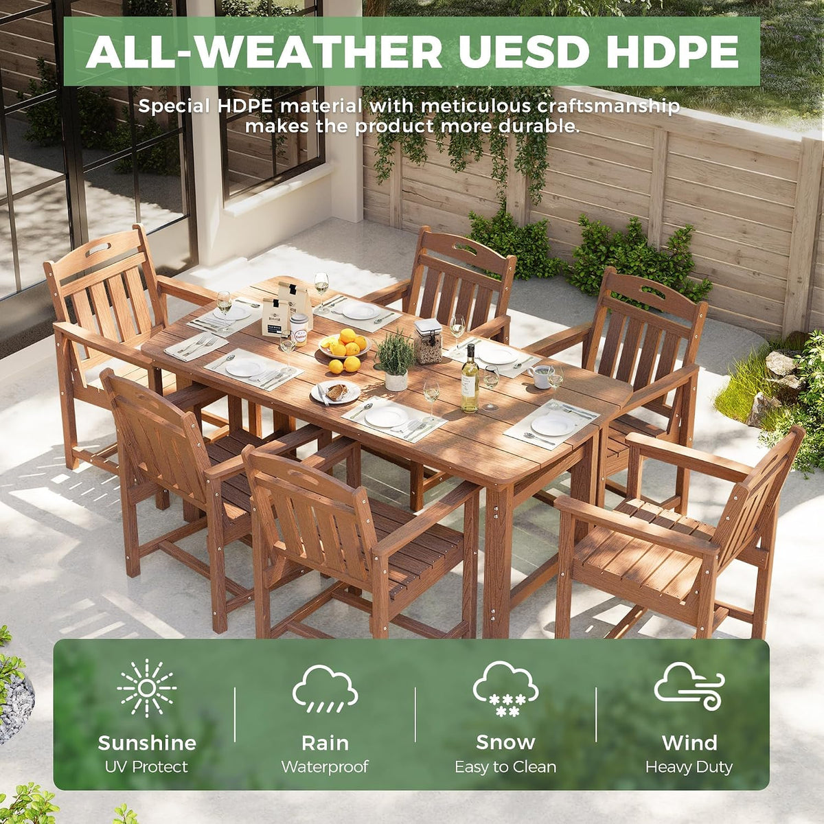 Teak 7‑Piece HDPE Patio Dining Set