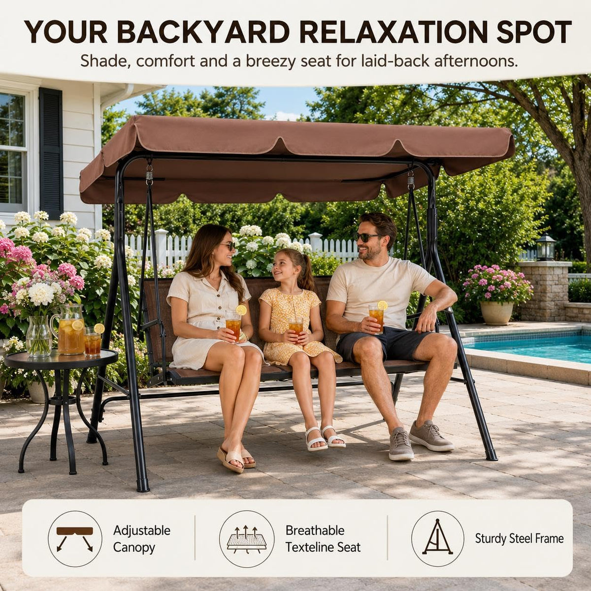 Dark Brown 3‑Seat Patio Swing Chair
