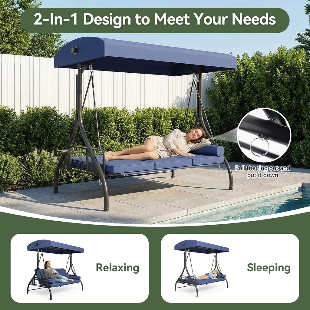 Blue 3‑Seat Convertible Patio Swing Bed
