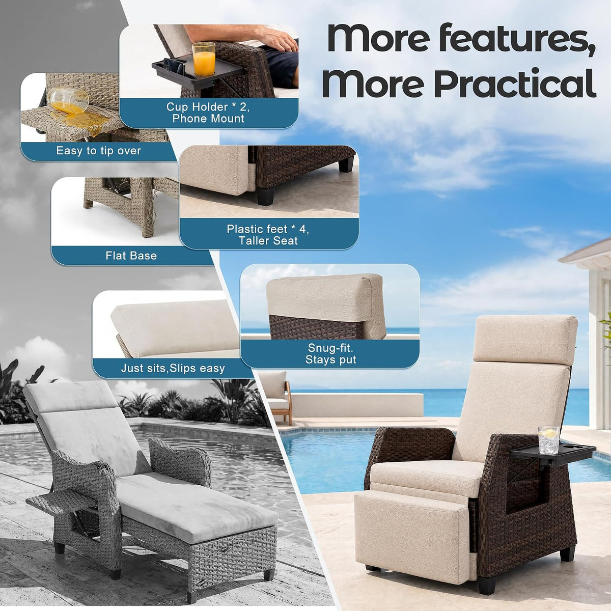Beige Wicker Patio Recliner Chair