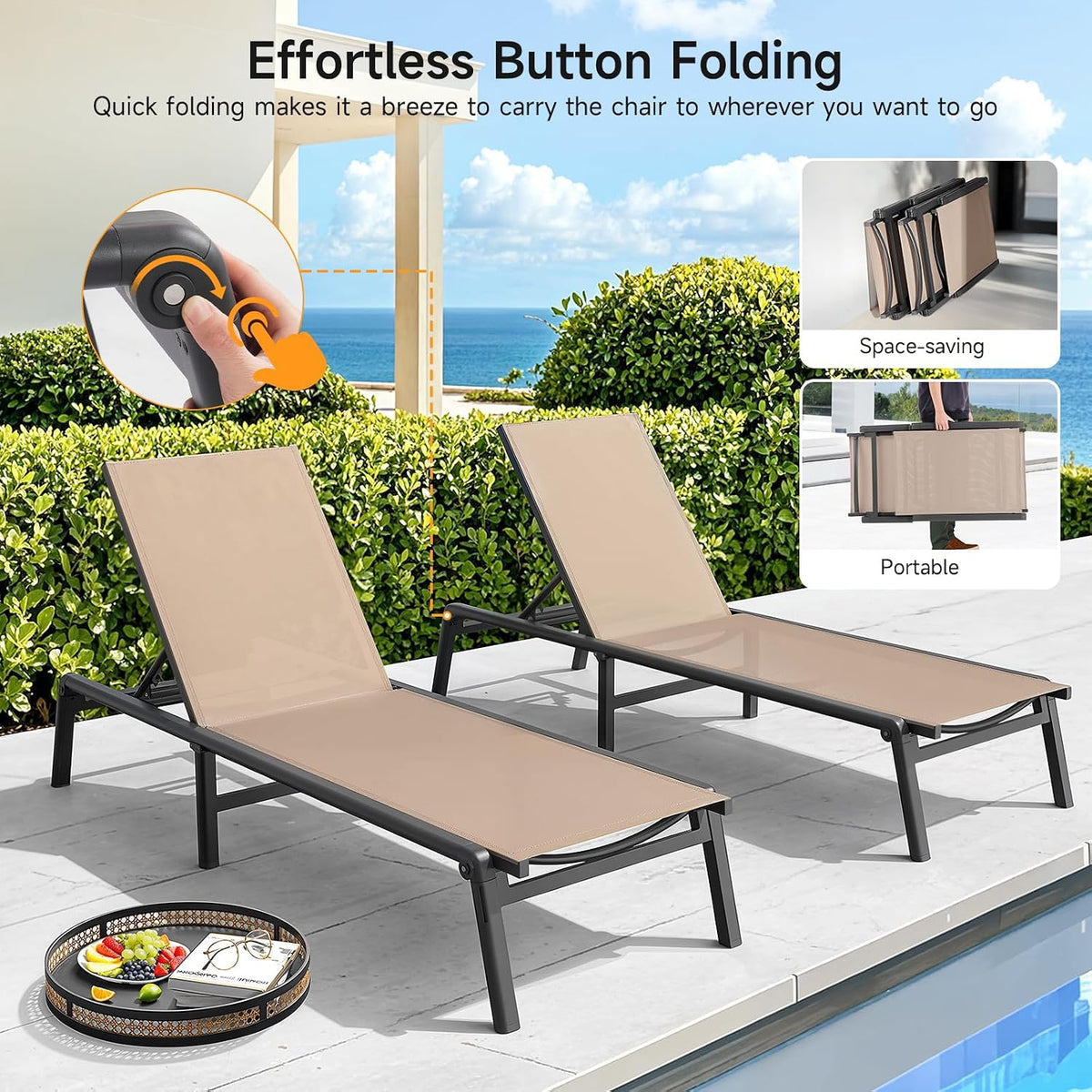 Khaki Aluminum Foldable Patio Chaise Lounge