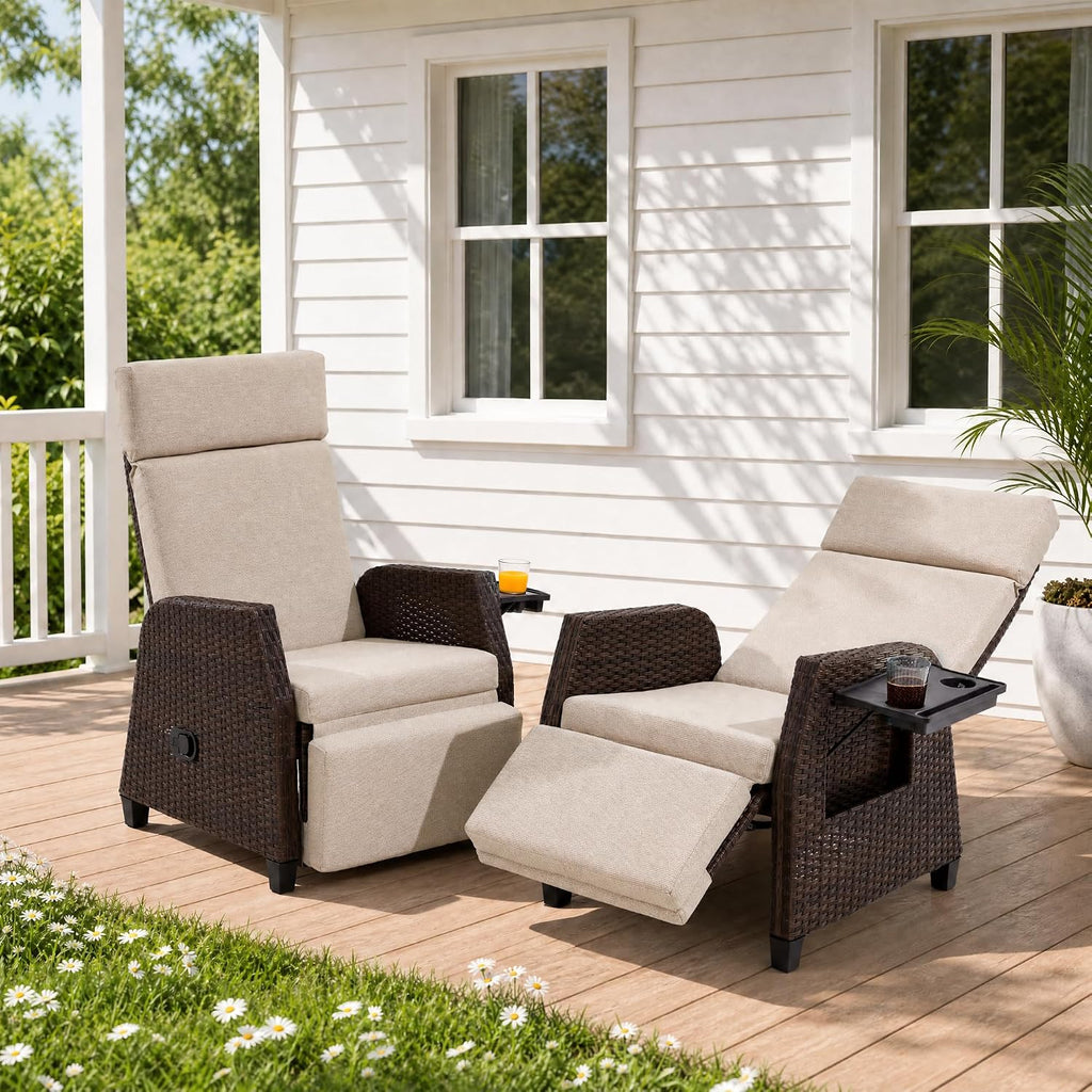 Beige Wicker Patio Recliner Chair