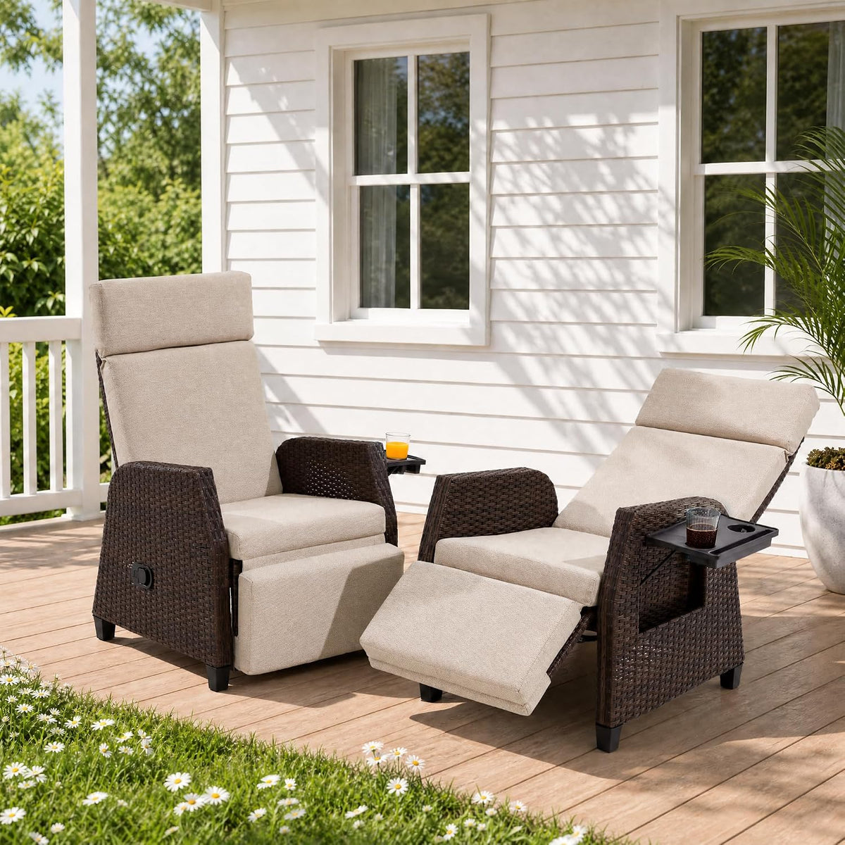 Beige Wicker Patio Recliner Chair