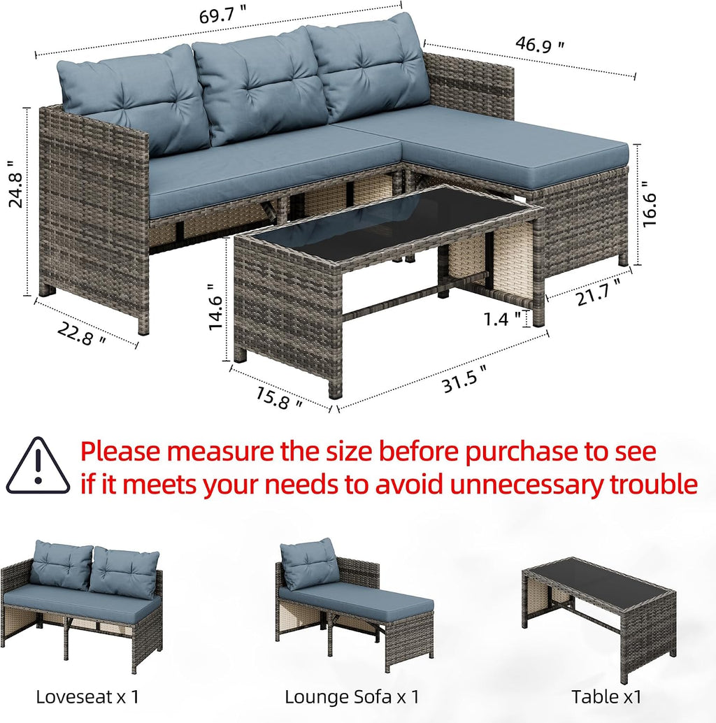Blue‑Gray 3‑Piece Wicker Patio Set