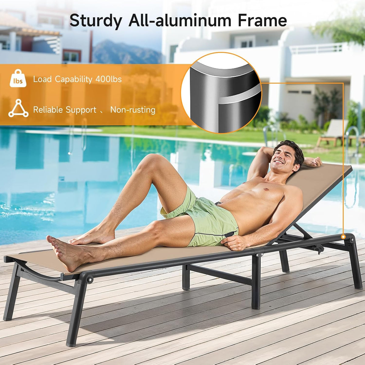 Khaki Aluminum Foldable Patio Chaise Lounge