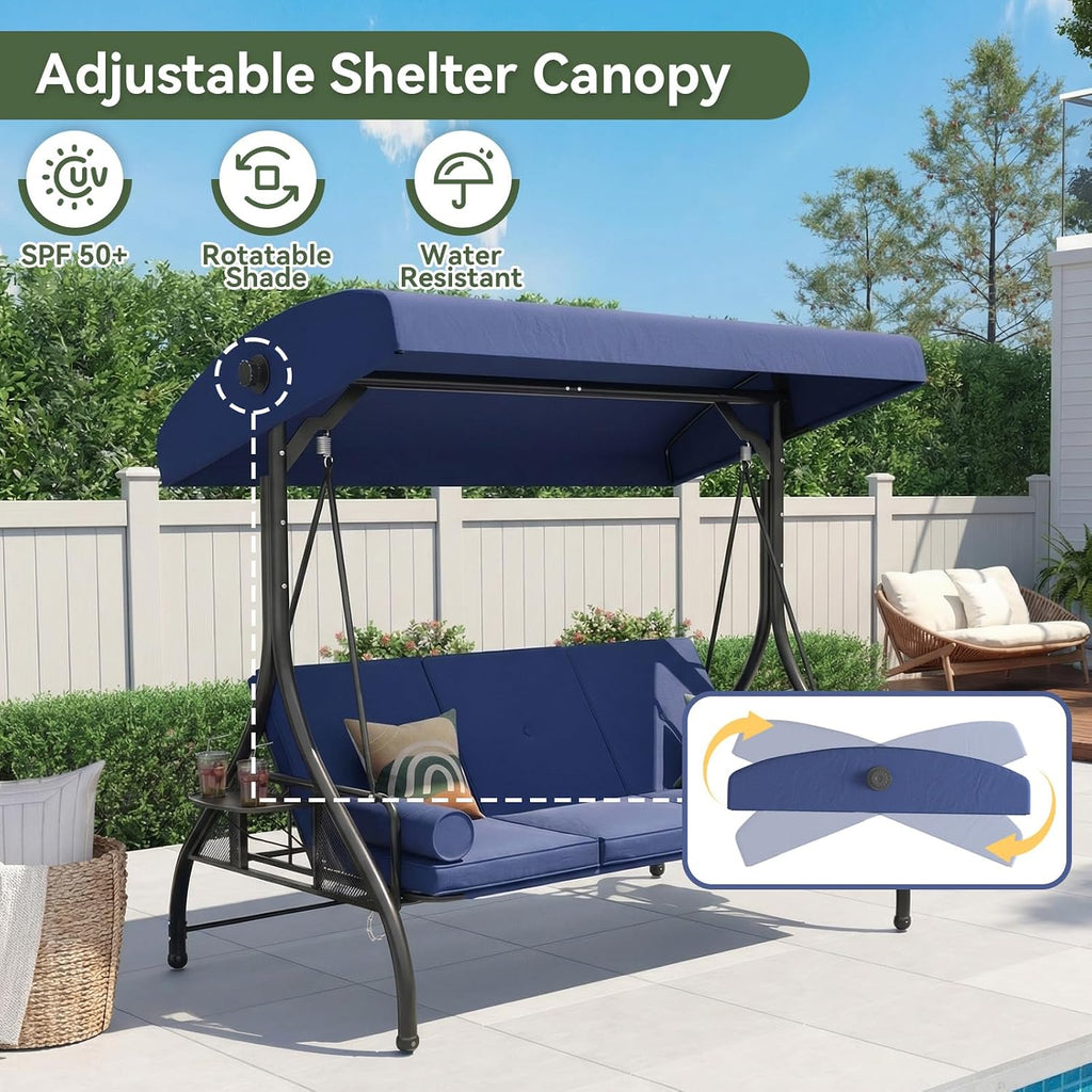 Blue 3‑Seat Convertible Patio Swing Bed