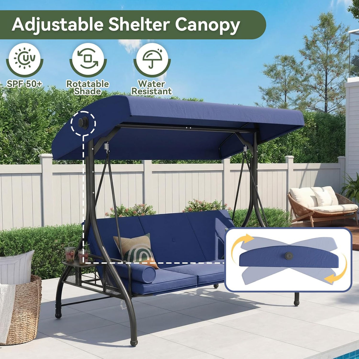 Blue 3‑Seat Convertible Patio Swing Bed